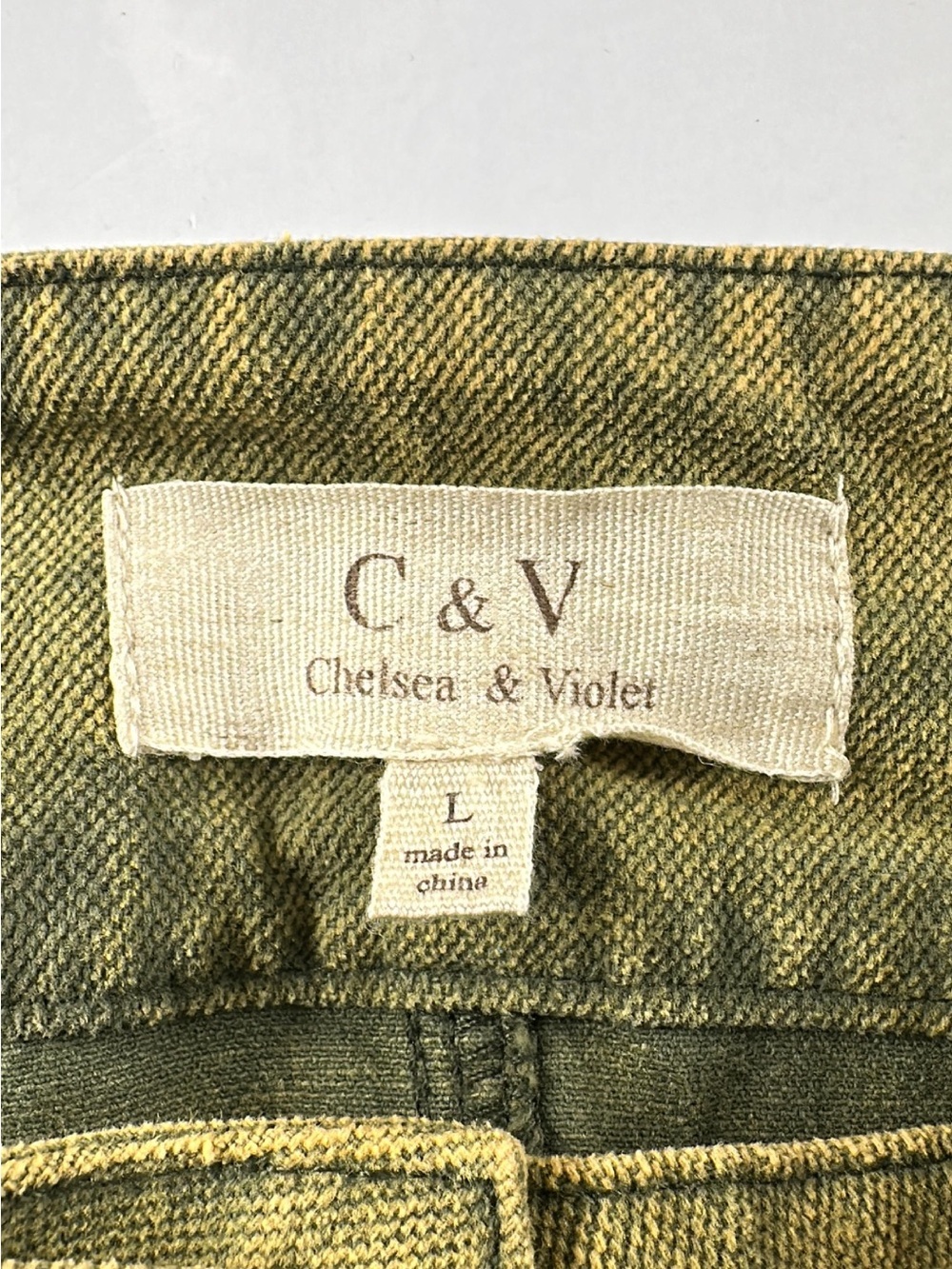 Chelsea & Violet Gold Olive Denim Mini Skirt Size L Buckle Wrap Front - Picture 4 of 5